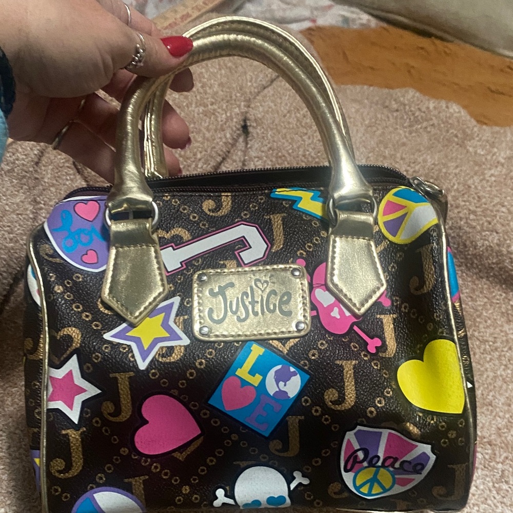 Justice Brown Mini Satchel with Gold Handles and Colorful Graphics